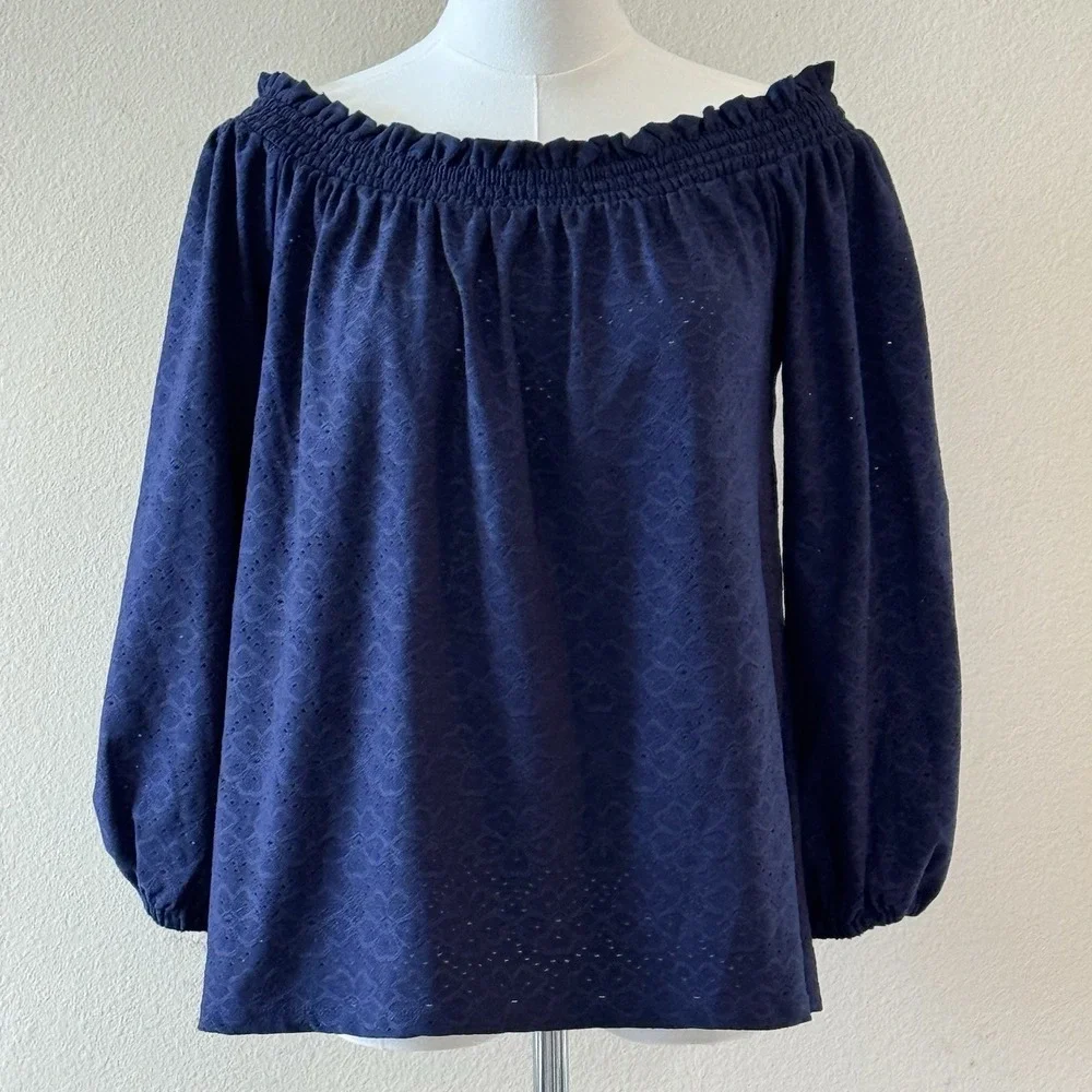 Michael Kors Off Shoulder Eyelet Smocked Navy Peasant Blouse Women's Small